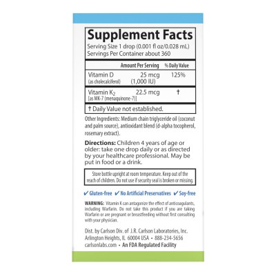 Carlson, Super Daily D3+K2 для детей, 25 мкг (1000 МЕ) и 22,5 мкг, 4