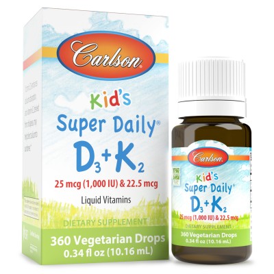 Carlson, Super Daily D3+K2 для детей, 25 мкг (1000 МЕ) и 22,5 мкг,