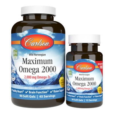 Carlson, Maximum Omega 2000, омега из норвежской рыбы дикого улова, натуральный лимонный вкус, 120 капсул